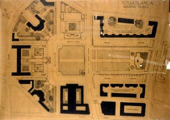 1918-1925. Place des services administratifs (aujourd'hui place Mohammed-V), Casablanca (Maroc) : plan d'ensemble de la place avec les édifices publics, n.d.